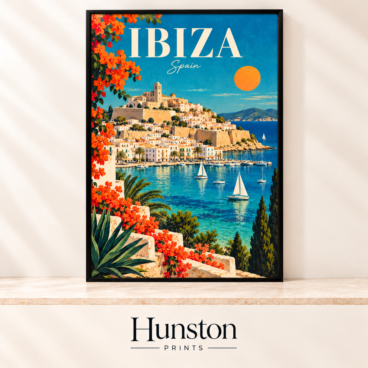 Ibiza travel poster of the old town above a turquoise harbour with sailboats and orange flowers