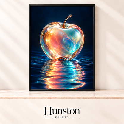 Glowing iridescent glass apple reflected in dark rippling water on a navy background