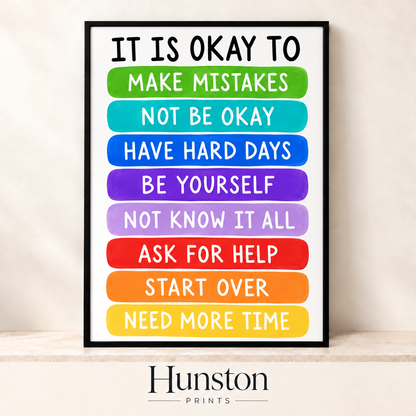 It Is Okay To poster with eight reminders on rainbow brushstroke bands