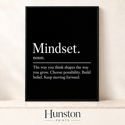 Mindset dictionary definition in white serif text on black