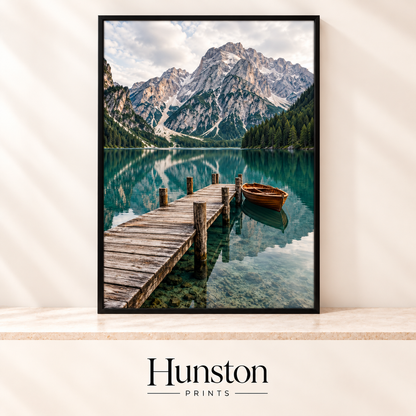 Wooden jetty and rowing boat on a clear emerald mountain lake below rocky peaks