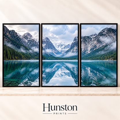 Set of three prints showing snowy mountains reflected in a turquoise lake