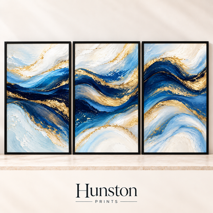 Set of three navy, blue and gold abstract wave prints
