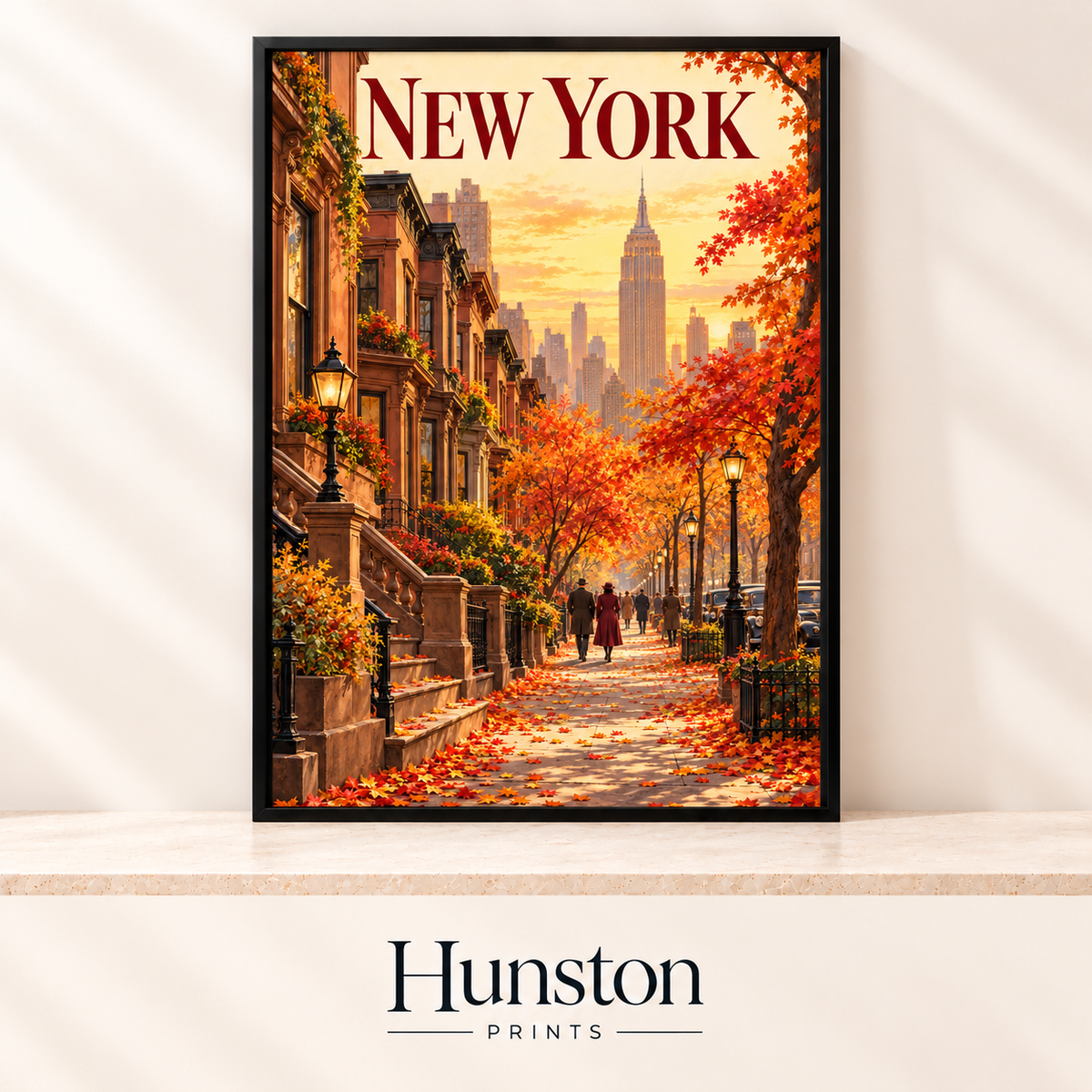 New York travel poster of an autumn brownstone street leading to the Empire State Building