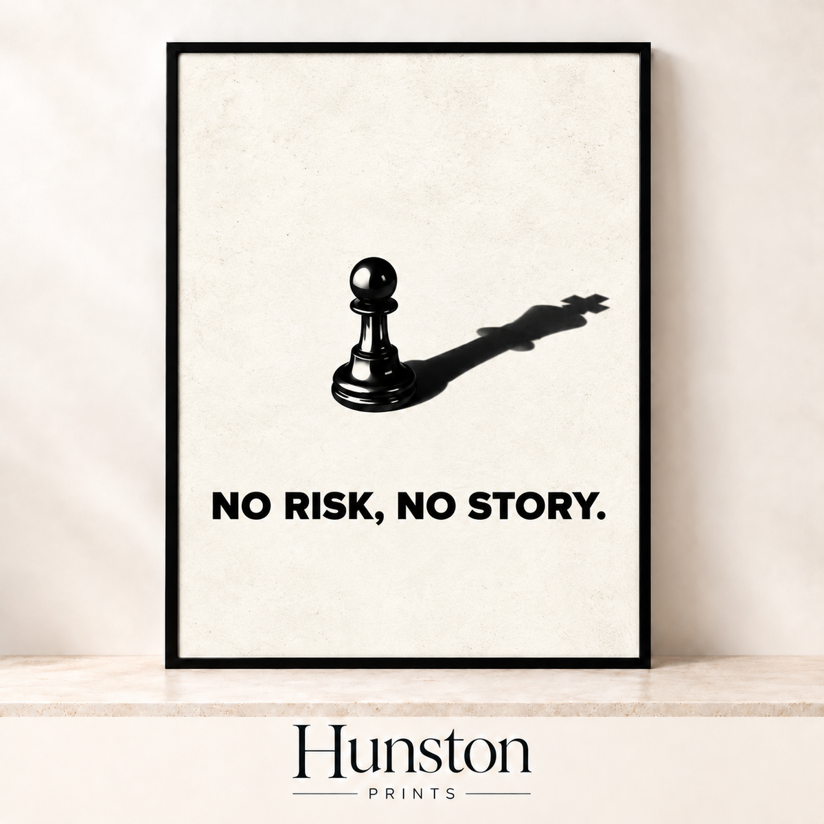 Chess pawn casting a king's shadow above No Risk, No Story text