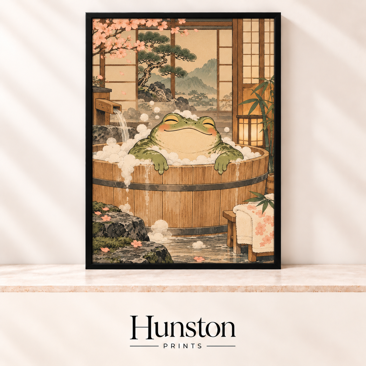 Smiling frog relaxing in a bubbly wooden tub in a Japanese bathhouse with cherry blossom