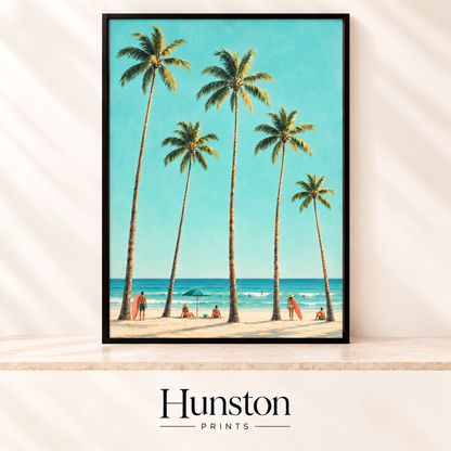Tall palm trees over a sandy beach with surfers and sunbathers by turquoise sea
