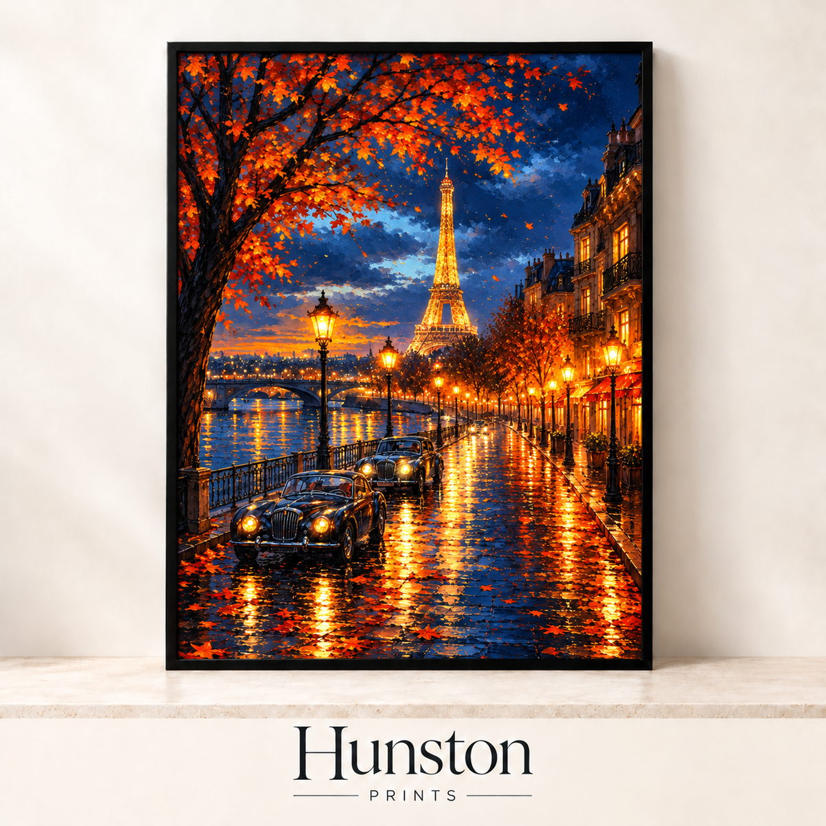 Painted Paris street at night with the Eiffel Tower and autumn trees