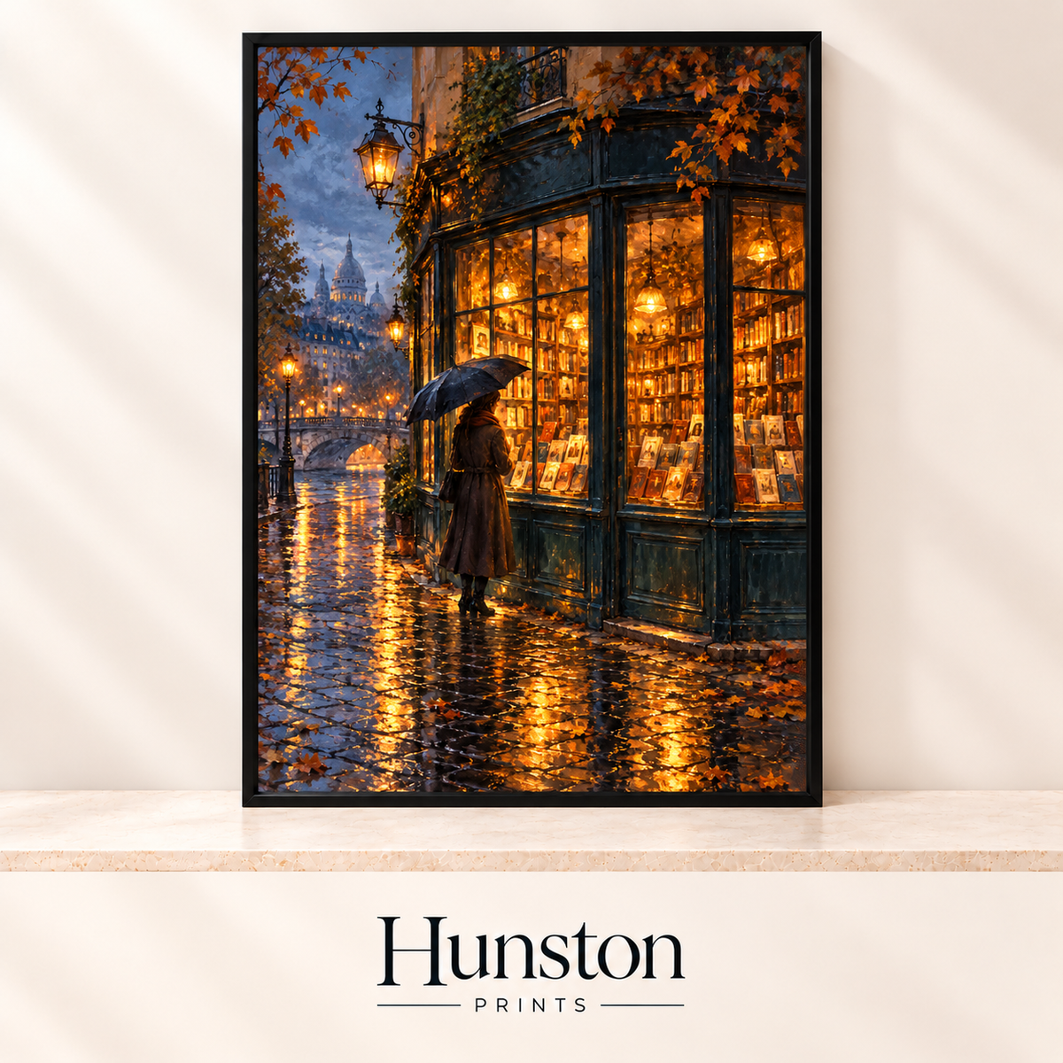 Woman with an umbrella outside a glowing Paris bookshop on a rainy autumn evening