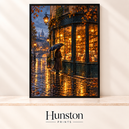 Woman with an umbrella outside a glowing Paris bookshop on a rainy autumn evening