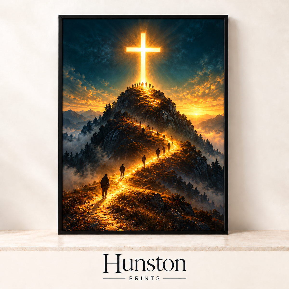 People walking a glowing mountain path towards a shining cross