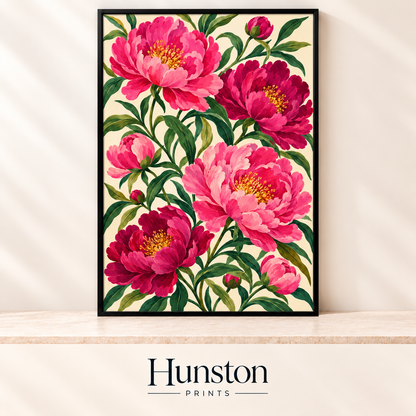 Painted pink and magenta peonies with green leaves on a cream background