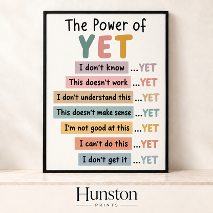 The Power of Yet growth mindset poster in soft pastel colours