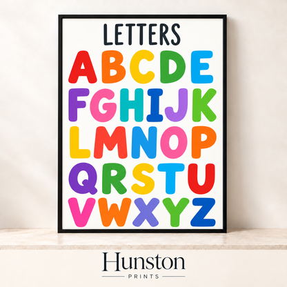 Rainbow capital letters A to Z on white