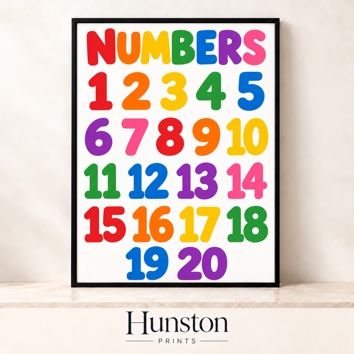 Rainbow numbers 1 to 20 on white