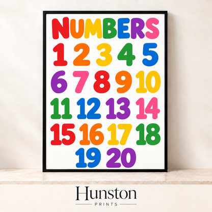 Rainbow numbers 1 to 20 on white
