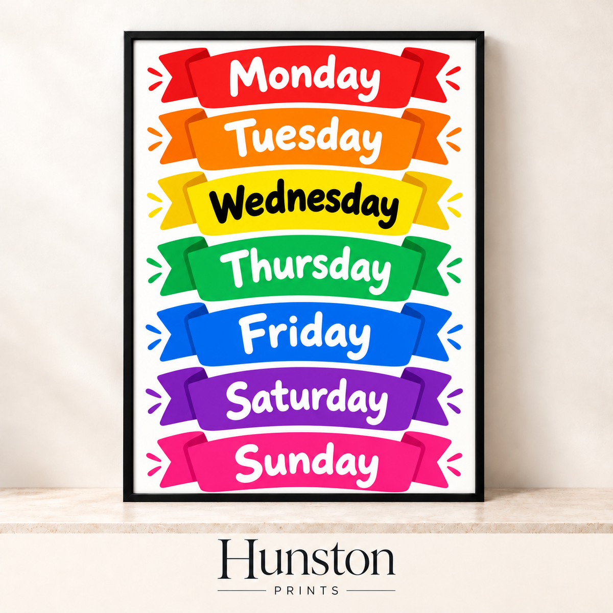 Days of the week on rainbow ribbon banners