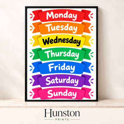Days of the week on rainbow ribbon banners