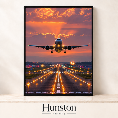 Plane taking off over a lit runway at sunset