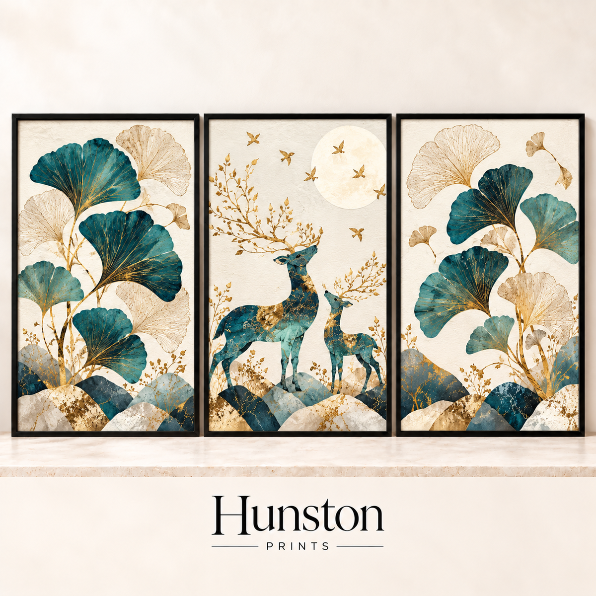 Set of three teal and gold prints with ginkgo leaves and a deer and fawn