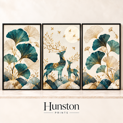 Set of three teal and gold prints with ginkgo leaves and a deer and fawn