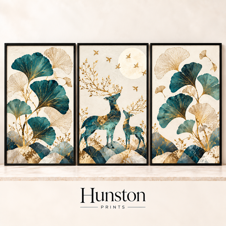 Teal and Gold Ginkgo Deer Set of 3