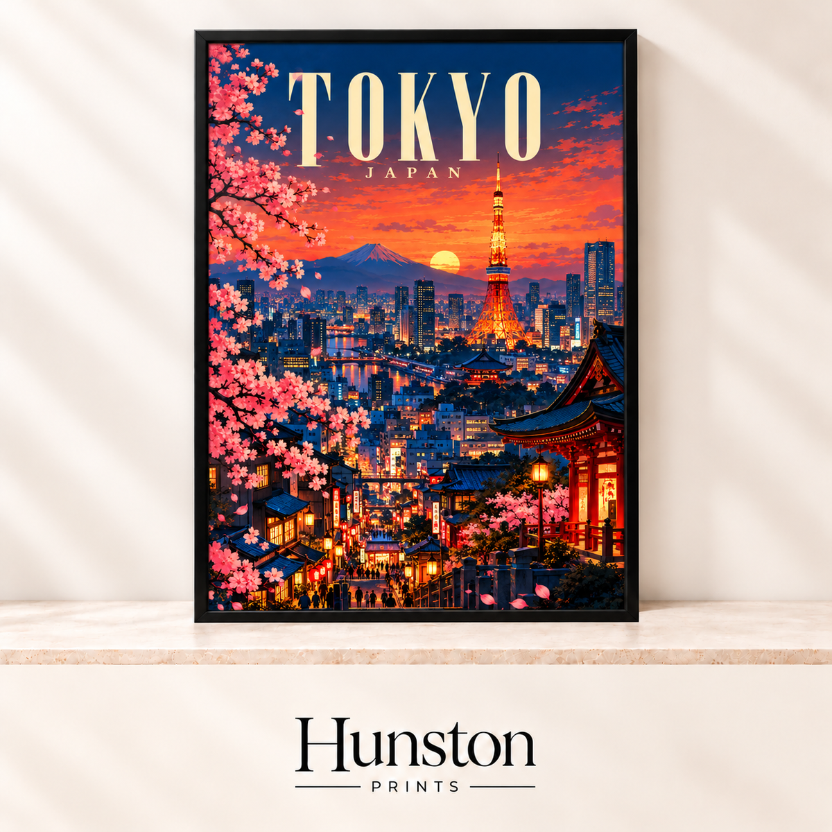 Tokyo skyline at sunset with Tokyo Tower, Mount Fuji and pink cherry blossoms