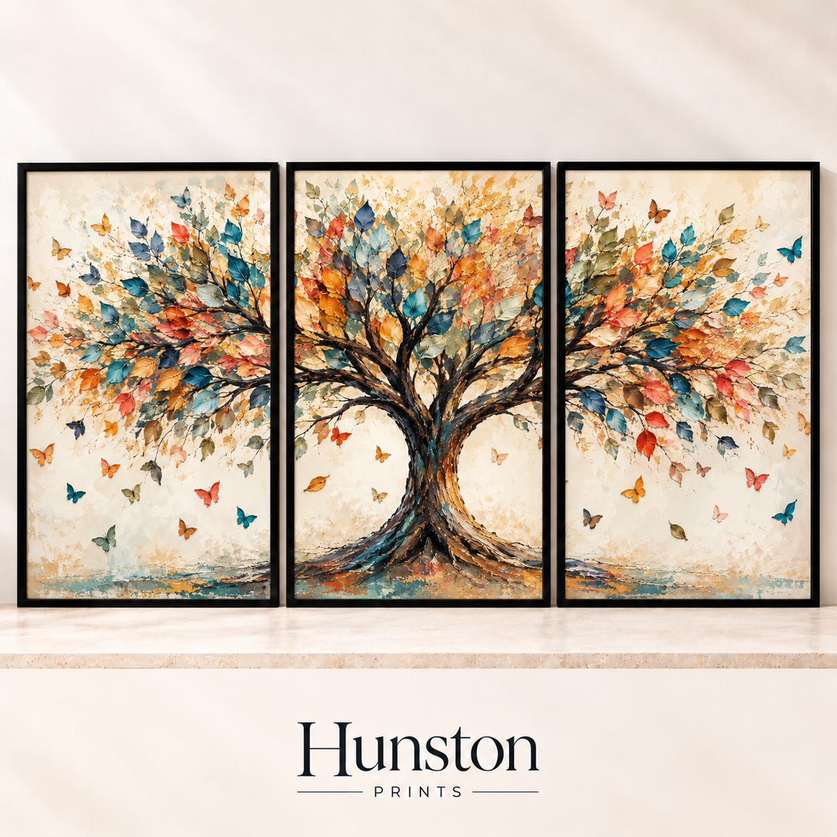 Set of three prints showing a colourful tree of life with butterflies