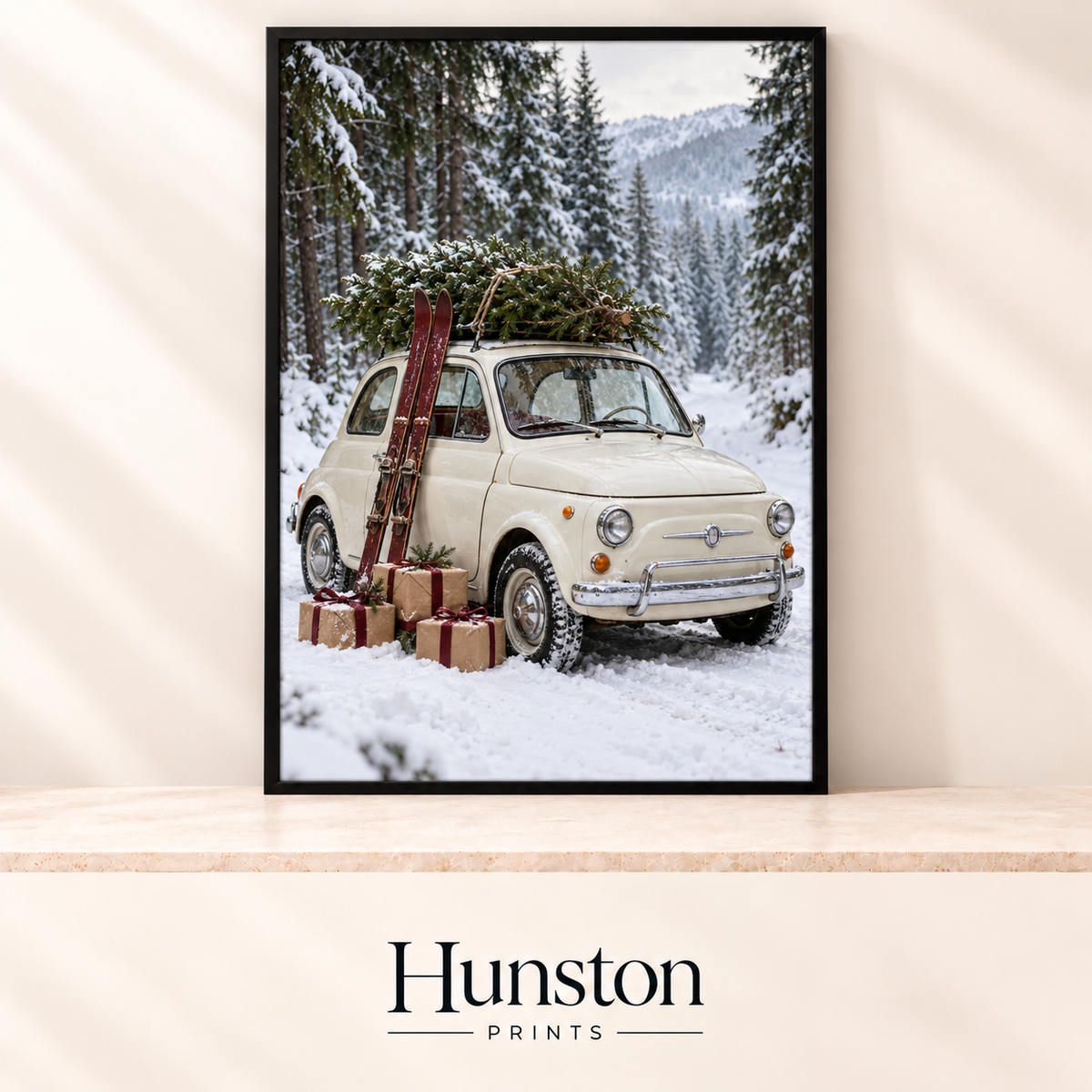 Cream vintage car with a Christmas tree on the roof, skis and gifts in a snowy forest