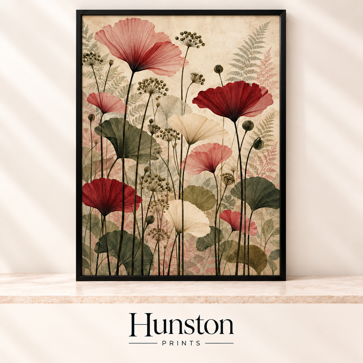 Vintage-style red, pink and cream wildflowers with ferns and seed heads on parchment