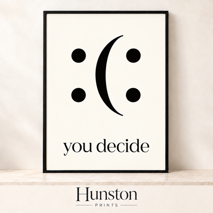 Minimalist emoticon that reads as sad or happy with the words you decide on cream